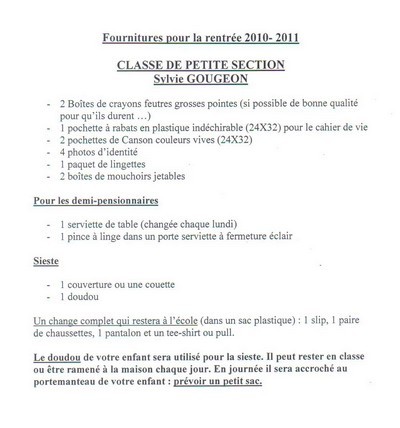 Les listes de fournitures Les listes de fournitures