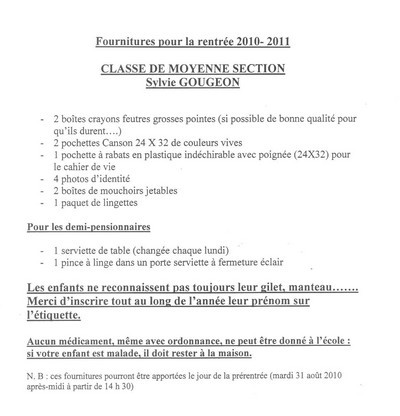 Les listes de fournitures Les listes de fournitures