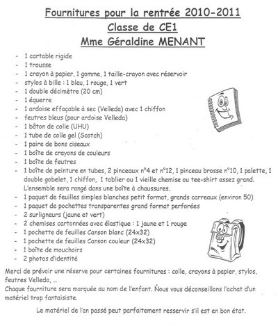 Les listes de fournitures Les listes de fournitures