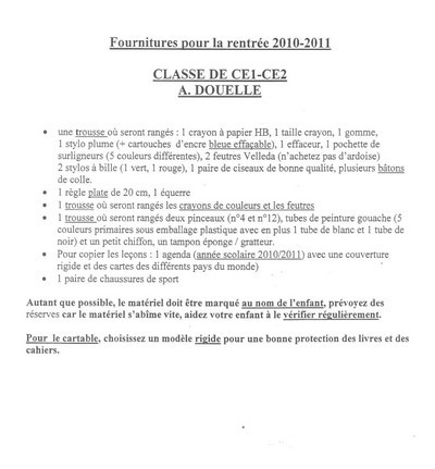 Les listes de fournitures Les listes de fournitures