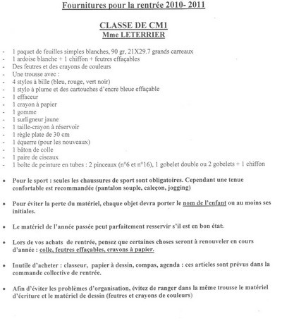 Les listes de fournitures Les listes de fournitures