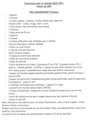 Les listes de fournitures Les listes de fournitures